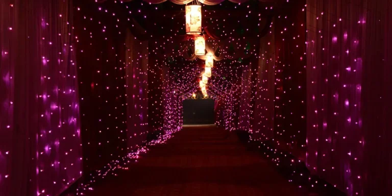 Purple String Lights and Lamps With Curtains