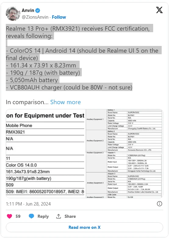 Realme 13 Pro+ (RMX3921) reveives FCC certification