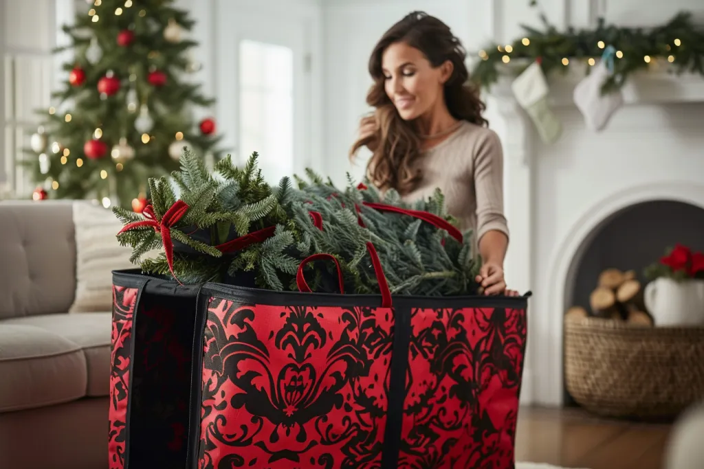 Red and black Christmas tree storage bag with wheels