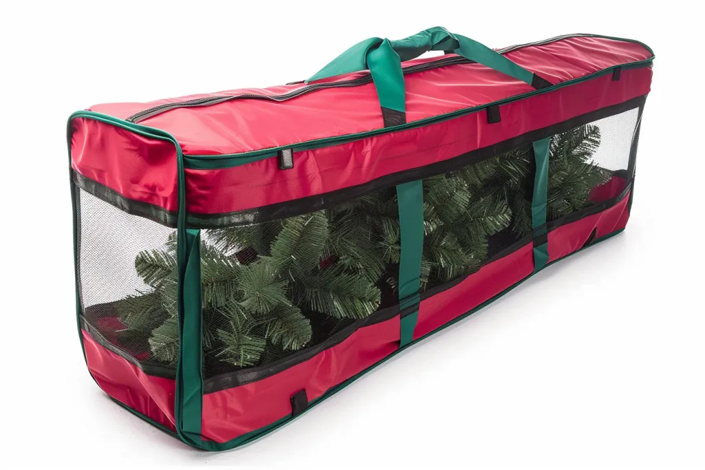 Red and green plastic Christmas tree storage bag
