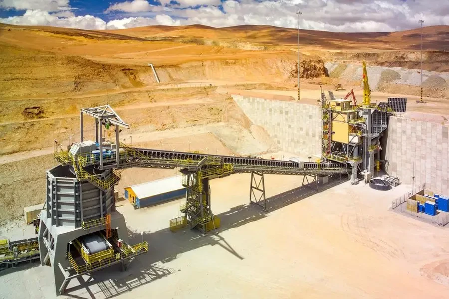 Rock crusher and conveyor belt at the plant of a copper mine in the altiplano of the Atacama Desert in northern Chile