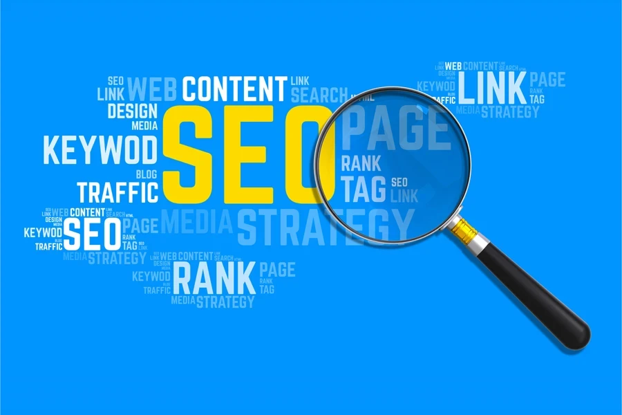 SEO words and a magnifying glass