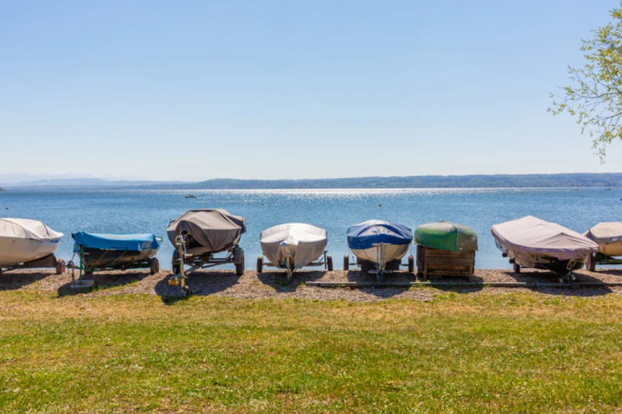 Sailboats on land at the shores of Lake Ammer (Ammersee)