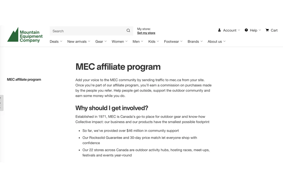 Screenshot of MEC’s affiliate program page