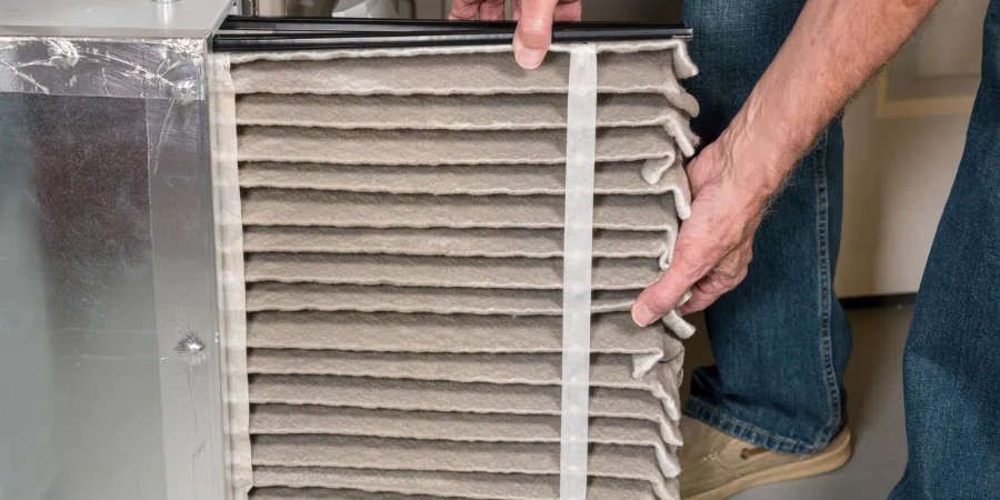 Senior caucasian man changing a folded dirty air filter