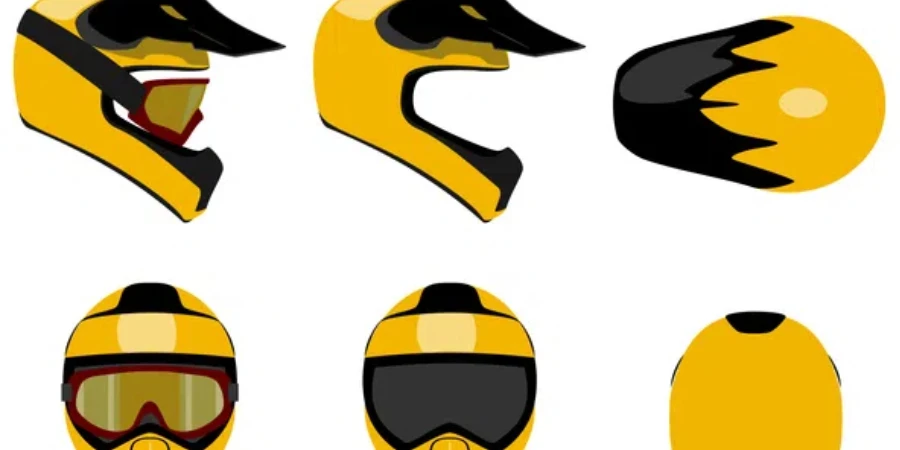 Set of motocross type of motorcycle helmets with sunshields and googles side