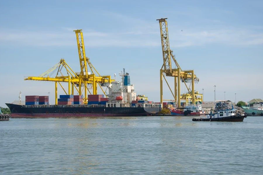 Ship with container vans in a major port