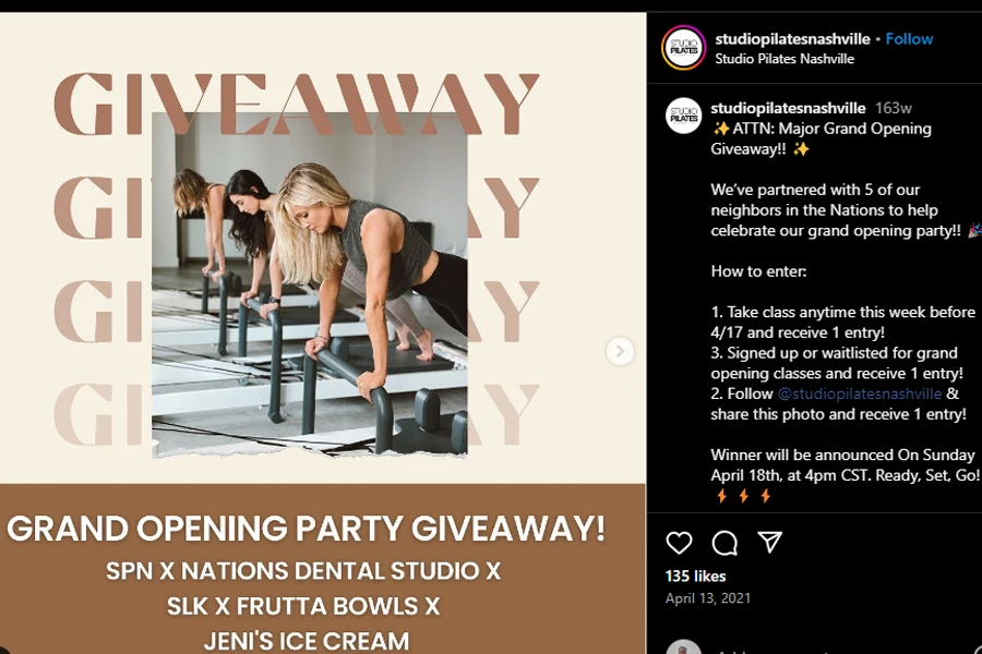 Studio Pilates Nashville's approach to a grand opening with giveaways