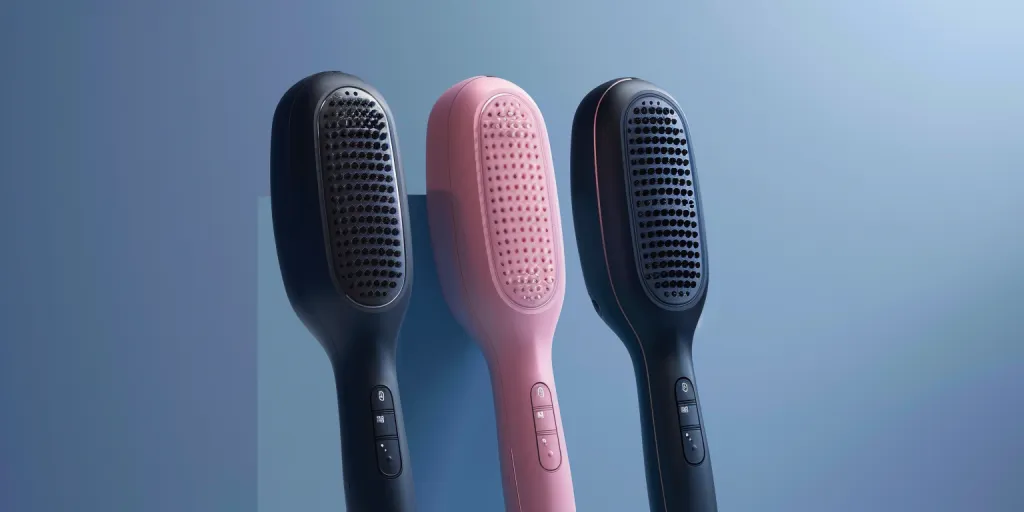 three hair straightener brushes is displayed against the blue background