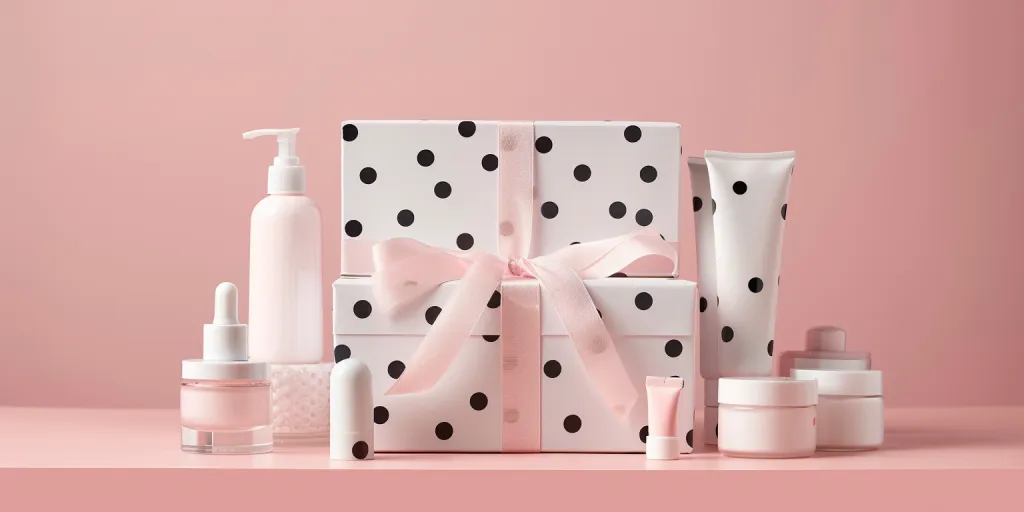 The gift box is wrapped in pink ribbon and decorated with black dots