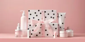 The gift box is wrapped in pink ribbon and decorated with black dots