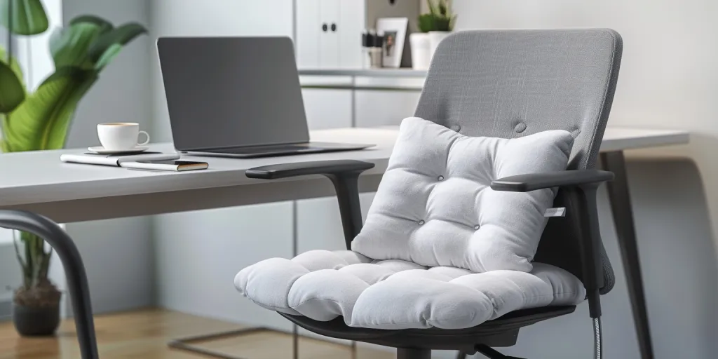 The gray ivory seat cushion is placed on the back of an office chair