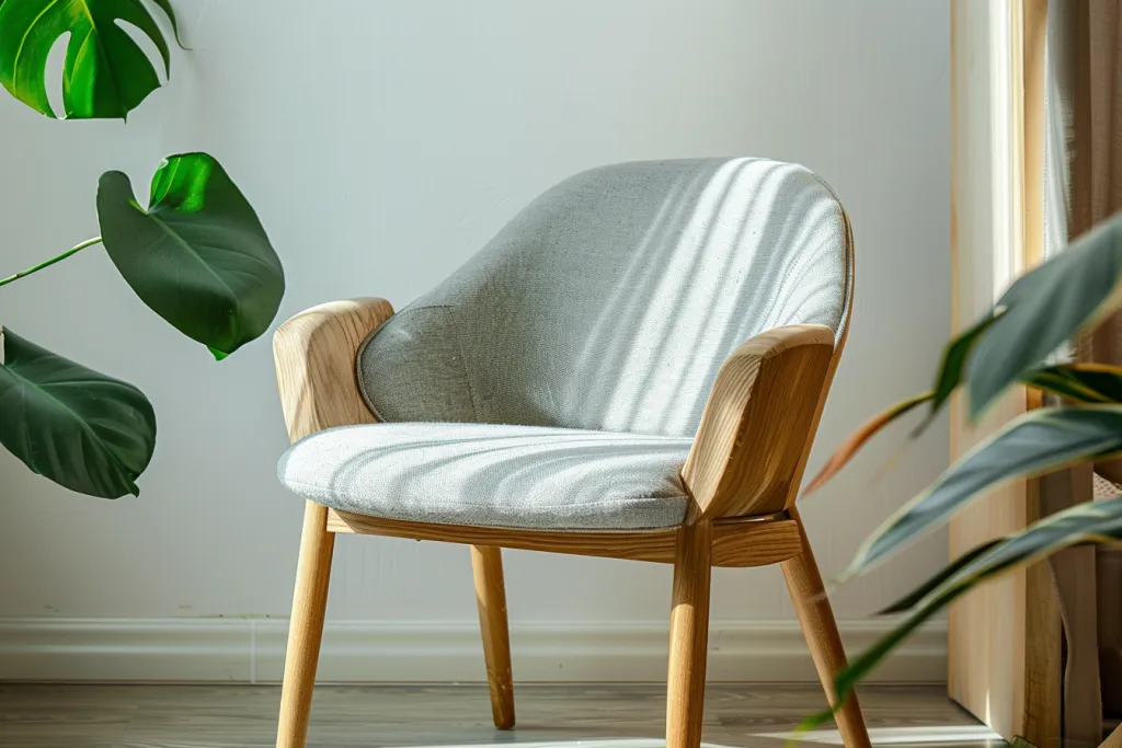 The grey fabric cushion on the wooden chair is made from wood