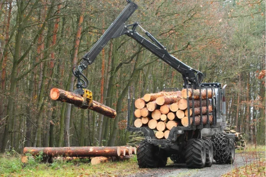 The harvester working in a forest