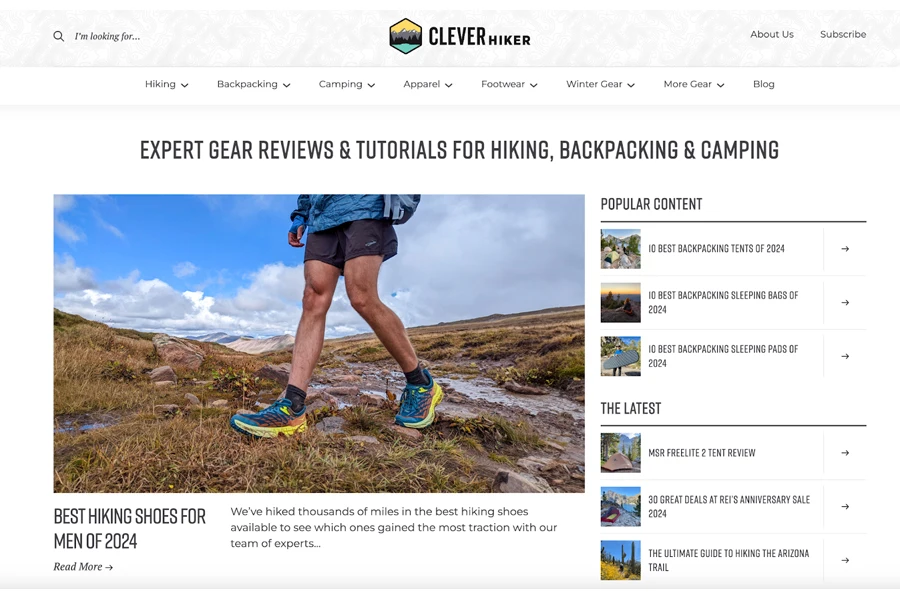 The home page of Clever Hiker website.com