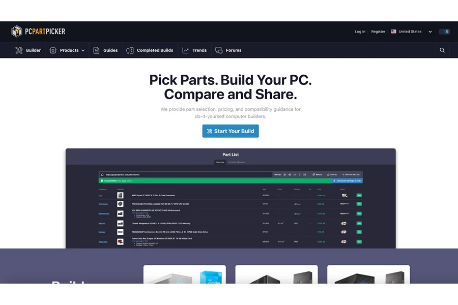 The home page of PCPartPicker website