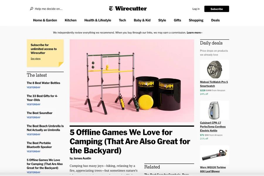 The home page of Wirecutter website