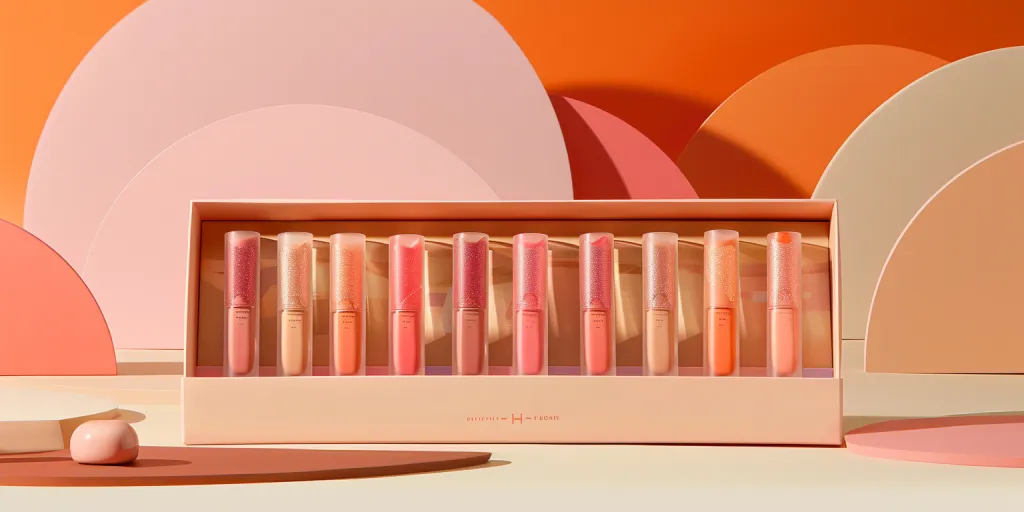 The peach color lip gloss set is displayed in an orange box with shades of pink and beige