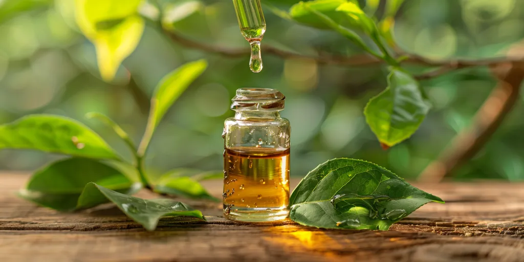 The photo shows a bottle of green tea essential oil on a wooden table