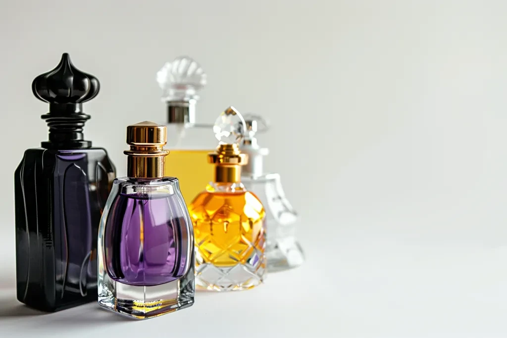 The photo shows an assortment of perfume bottles arranged in a neat