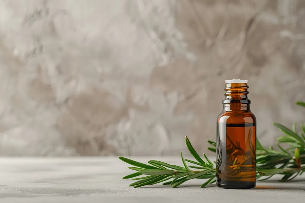 The photo shows rosemary essential oil in an amber bottle