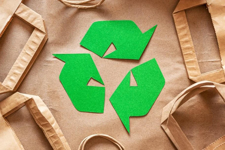 The recycling sign surrounded by sustainability packaging