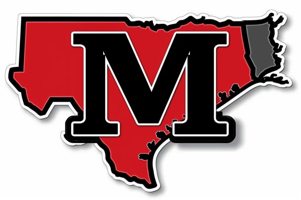The state of Texas in black and red with the letter M centered on top