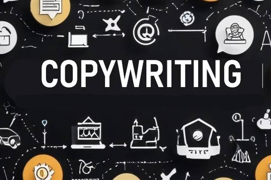 The word “COPYWRITING” surrounded by different business activity illustrations