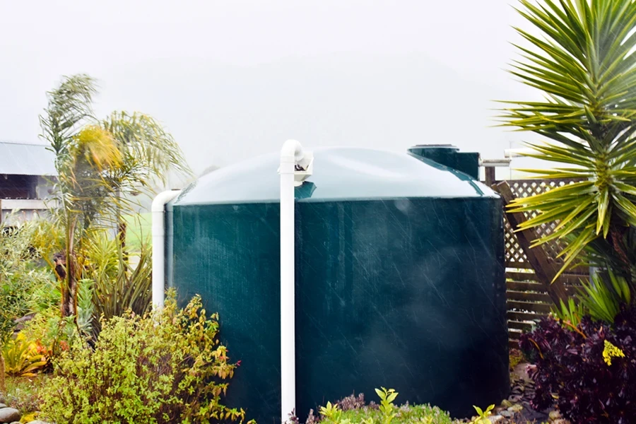 There is always a positive to a wet rainy day. Looking at a water tank in a garden on a wet rainy day