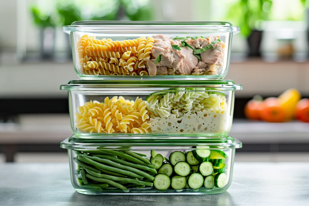Three glass food storage containers stacked on top