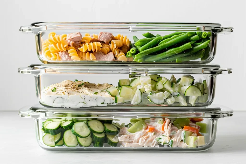 Three glass food storage containers stacked