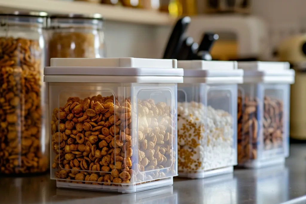 Three plastic containers with white and clear tops