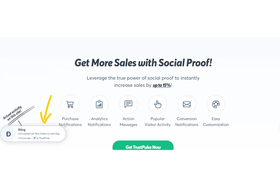 TrustPulse using social proof on its page