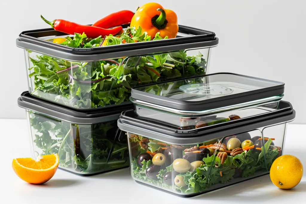Two glass food storage containers with three sections filled with green salad