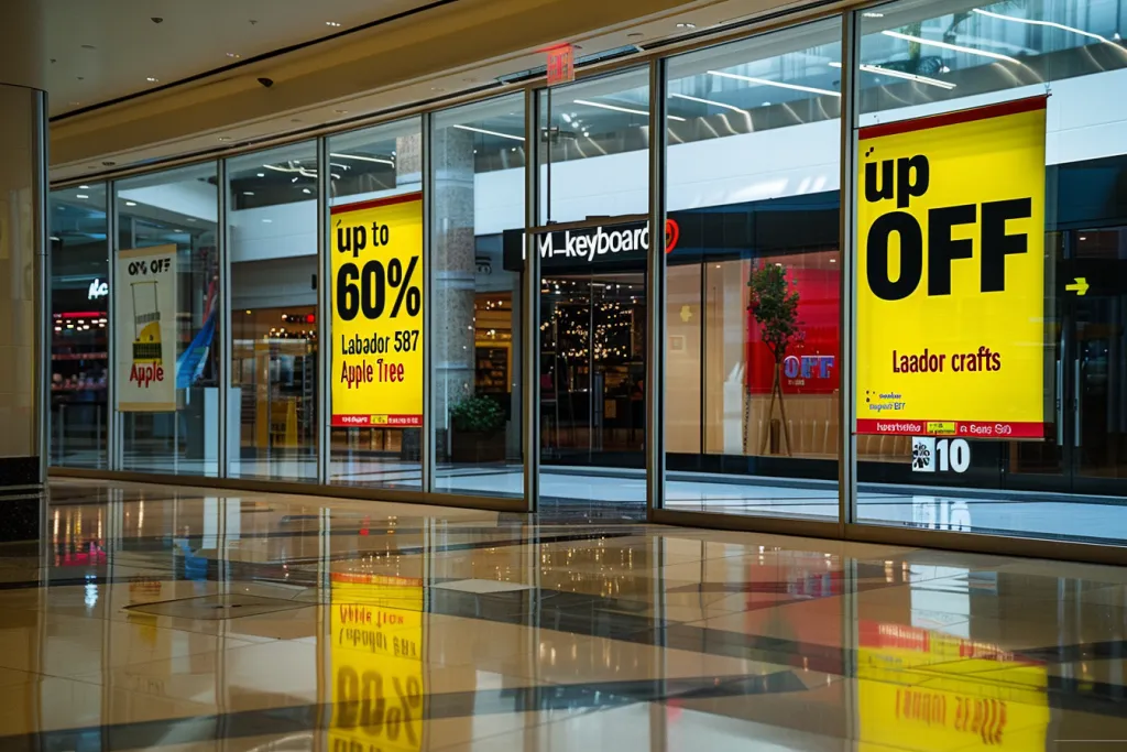 Two large white and red banner signs with yellow text that say up to 60% OFF  in the middle of each sign