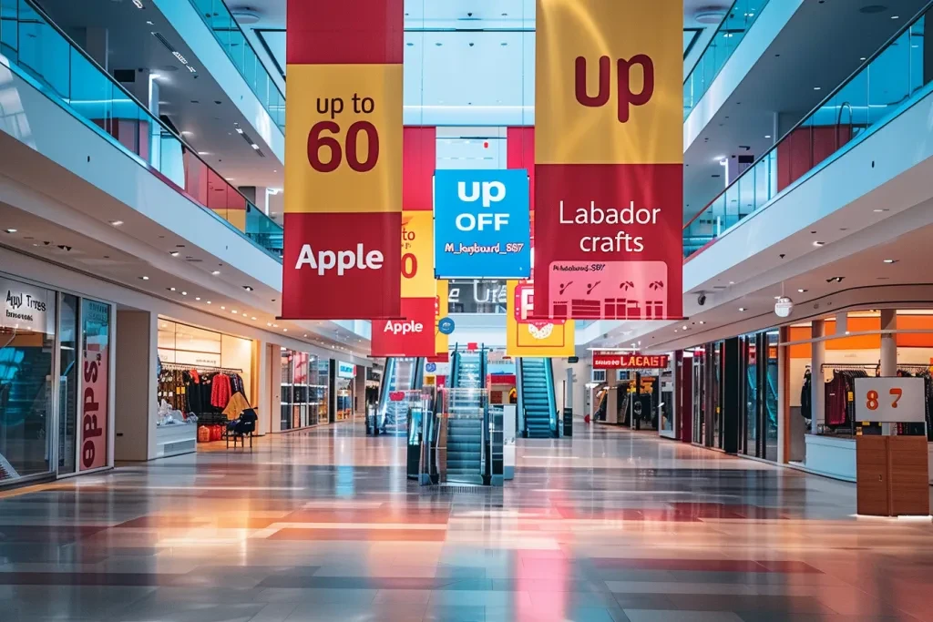 Two large white and red banner signs