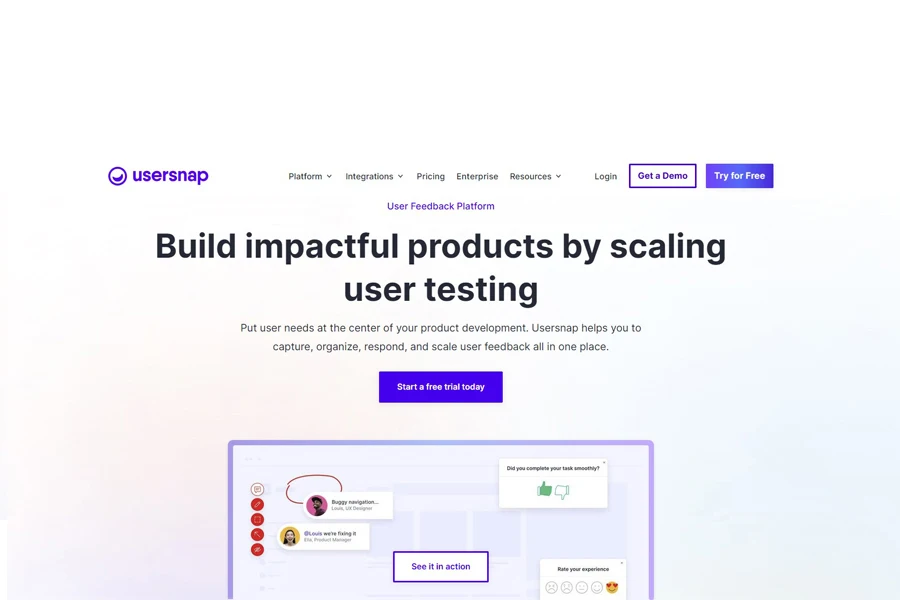 Usersnap user feedback platform landing page