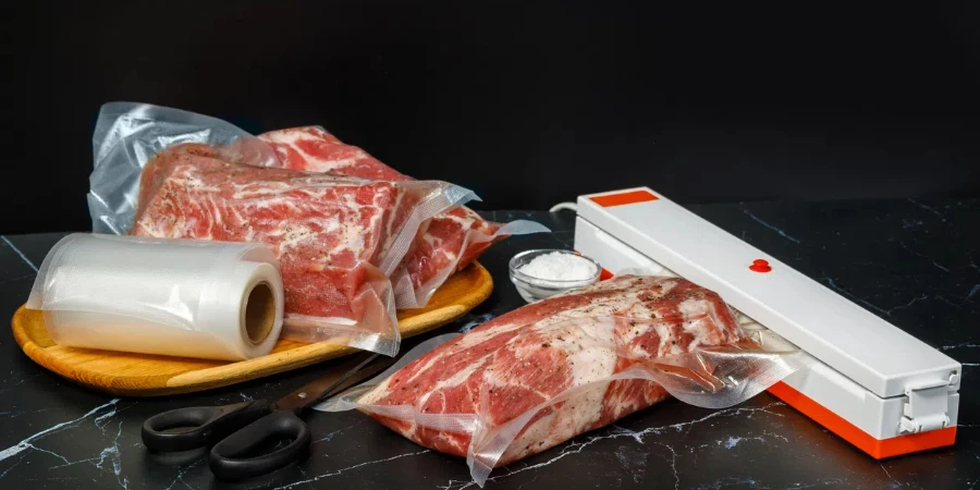 Vacuum sealer machine and meat on a dark background