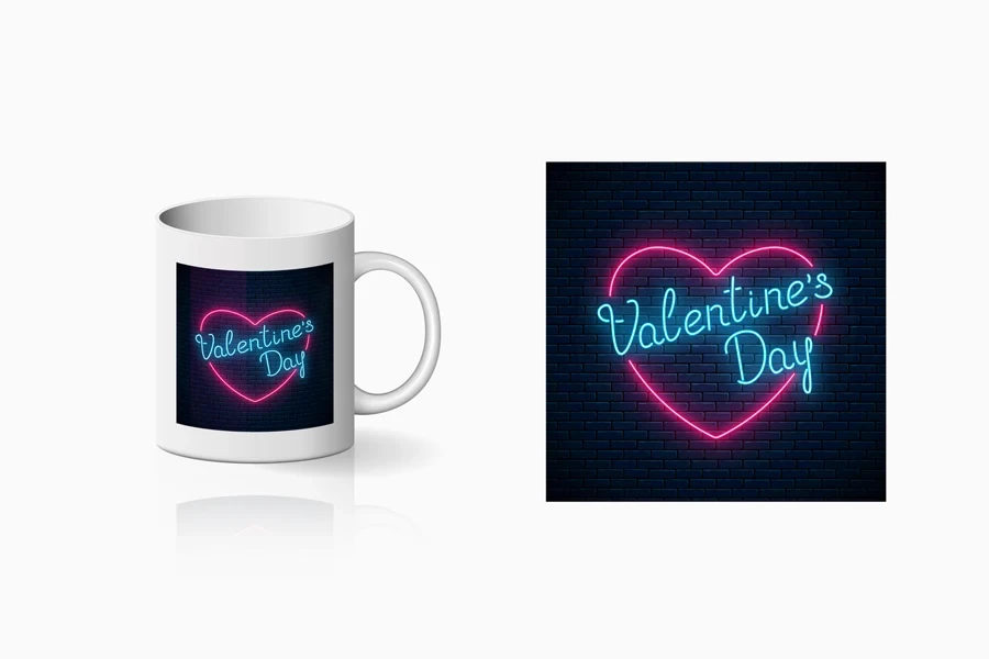 Valentines Day neon glowing festive sign on ceramic mug mockup.