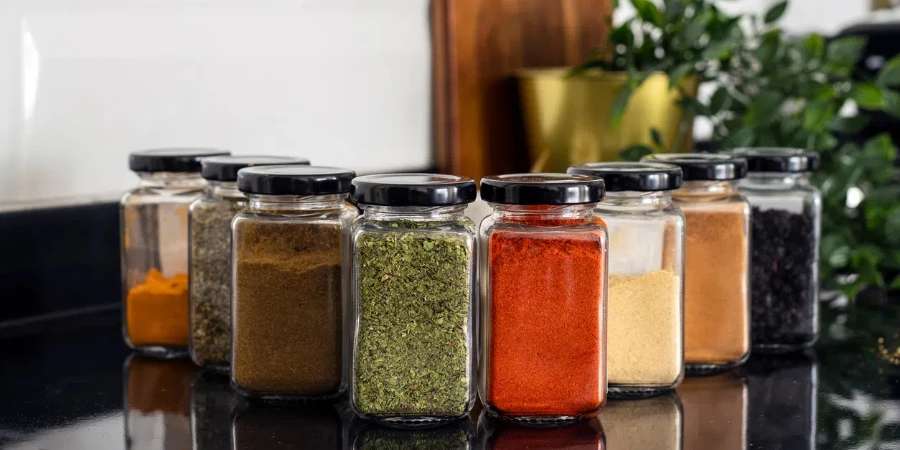 Various dried spices in glass jars