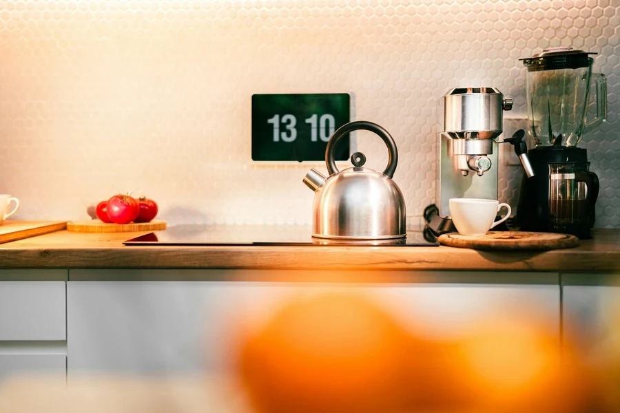 Water kettle. Home kitchen interior