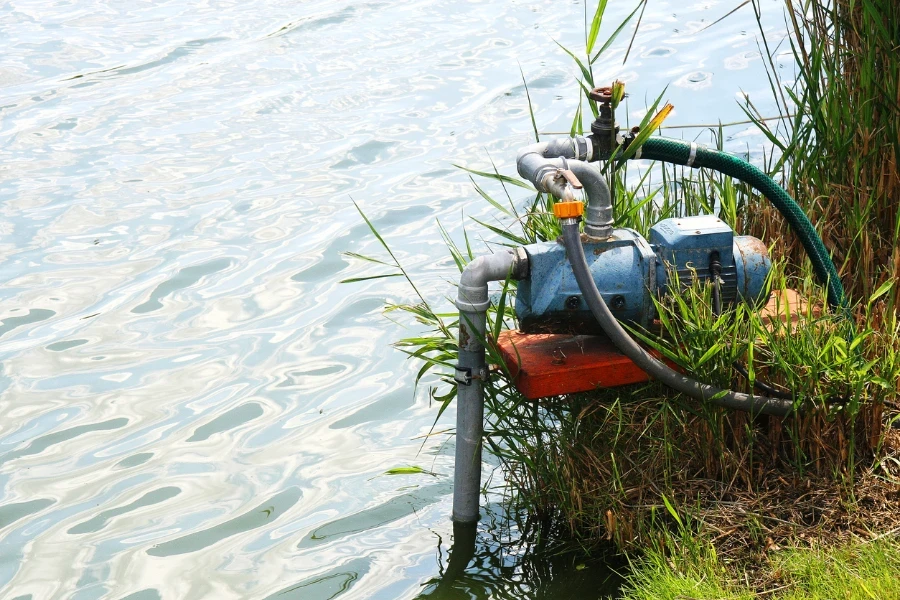 Water pump working in the lake's shore to maintenance the water