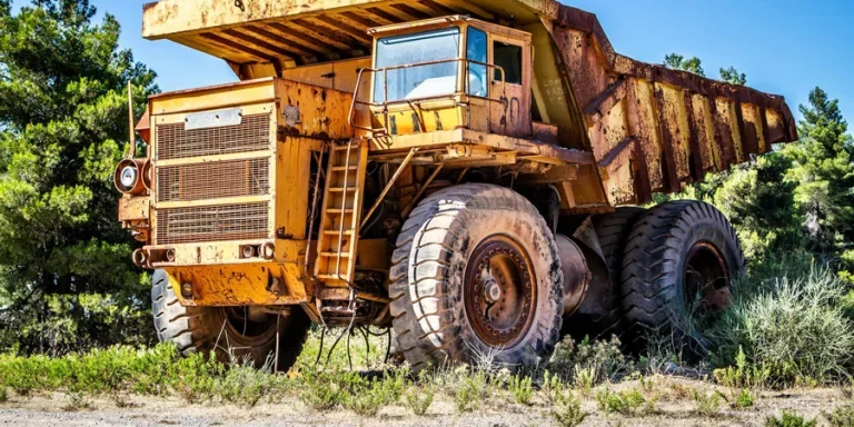Weathered dump truck on sandy road near green trees in countryside