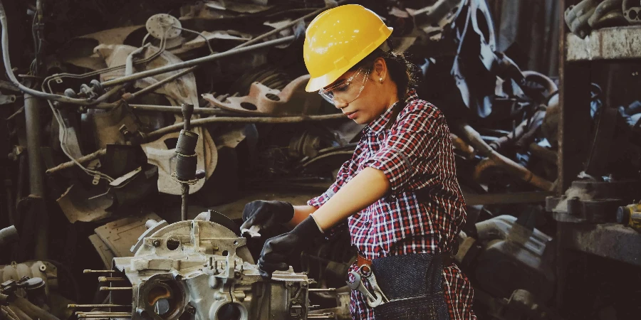 Woman Wears Yellow Hard Hat Holding Vehicle Part