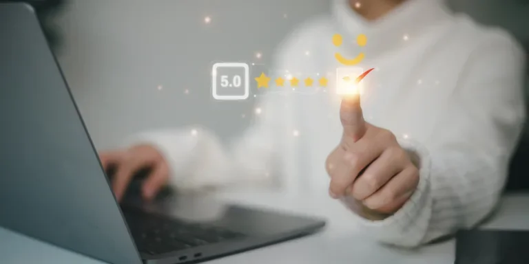 Woman pressing smiley face emoticon on the virtual touch screen