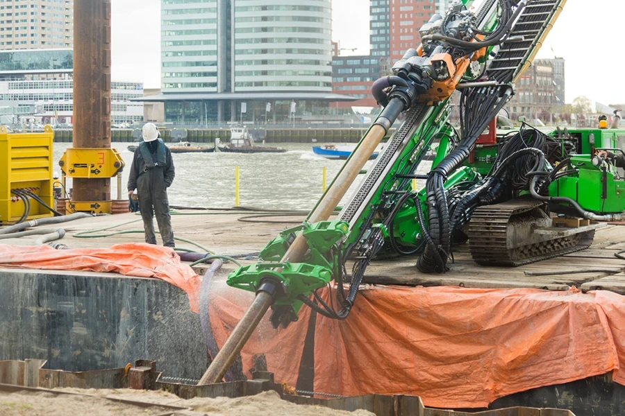 Working HDD (Horizontal directional drilling) machine used to lie underground pipes from above ground