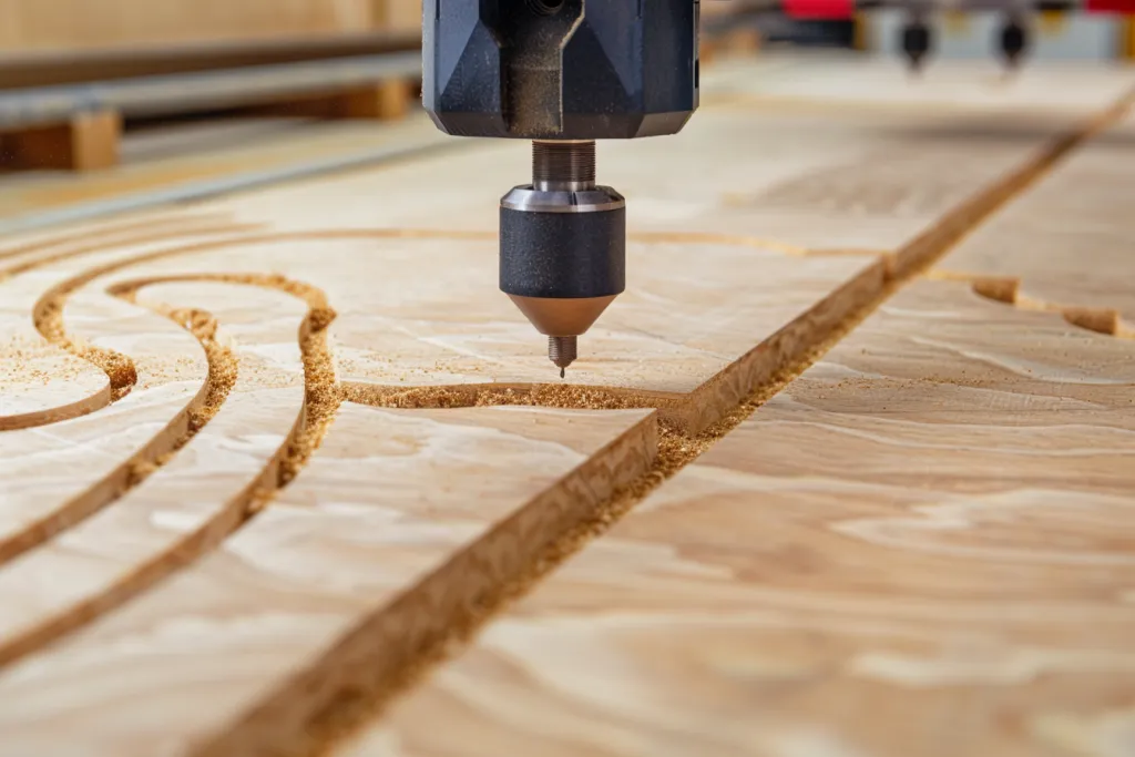 a CNC machine creating an outline on the surface of light brown plywood