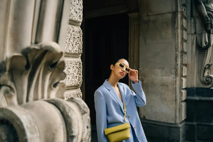 a beautiful light blue jacket worn by a model