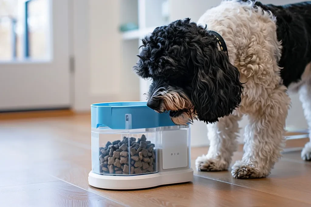 a black and white cocker spaniel eating from the dog food storage container