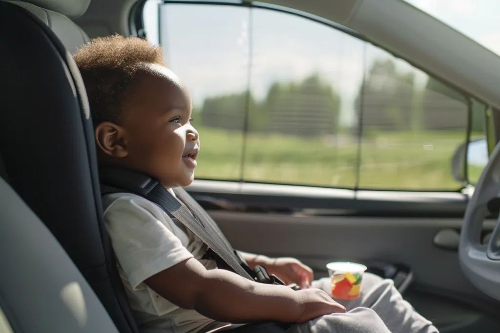 a black sunshade screen is mounted on the car window